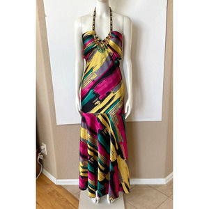 Danelle's Bright Maxi Gown Beaded Bling Halter Long Dress S 34 Bust Sz 2